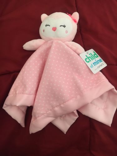 Carters Child of Mine Pink Owl New Security Blanket White Polka Dot Baby Lovey