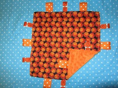 Black with Orange Basketballs Toss Cotton/Minky Baby Tag Ribbon Security Blanket