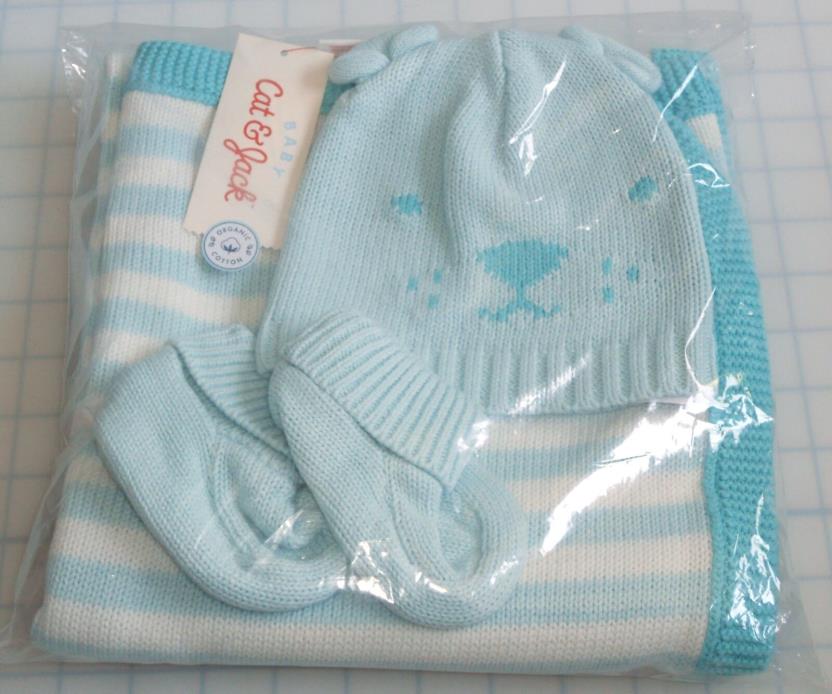 NWT Cat & Jack Organic Cotton Knit Baby BLanket, Hat & Booties Aqua Blue Newborn