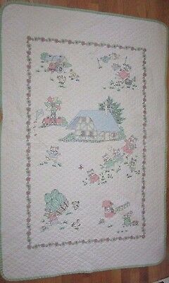 Richard Scarry baby crib blanket quilt pastel white green trim cats