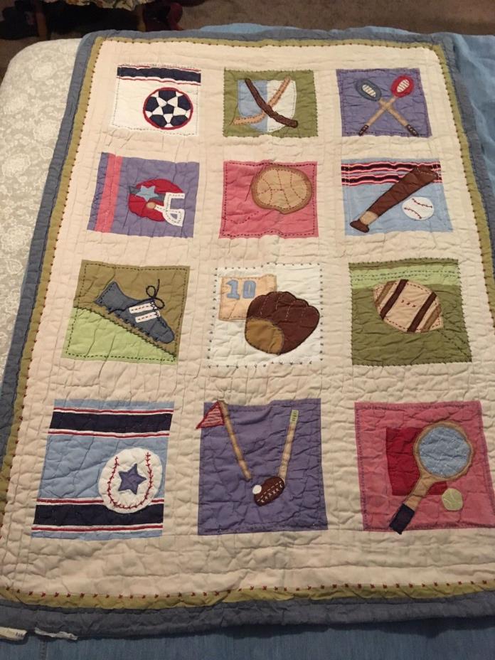 Pottery Barn Kids Toddler Crib Blue Quilt Blanket Sports  34 X 48