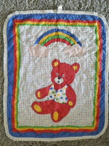 Vintage Nursery Baby Red Teddy Bear with Rainbow Quilt