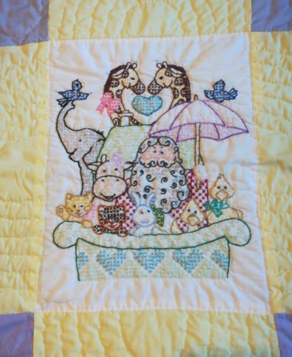 Noah's Arc Handmade Cross Stitched Baby Blanket Crib Quilt Infant 42 x 32