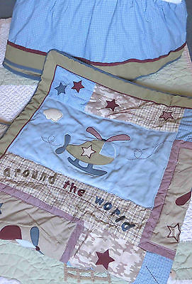 Baby Martex Flying All Around the World Blue Green Baby Boy Crib Quilt & Skirt