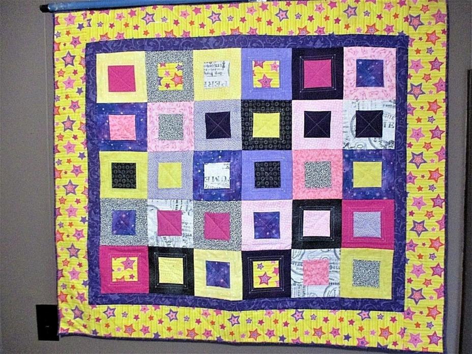 Handmade Baby Quilt Crib Blanket - Yellow, Purple & Pink - Stars - 38