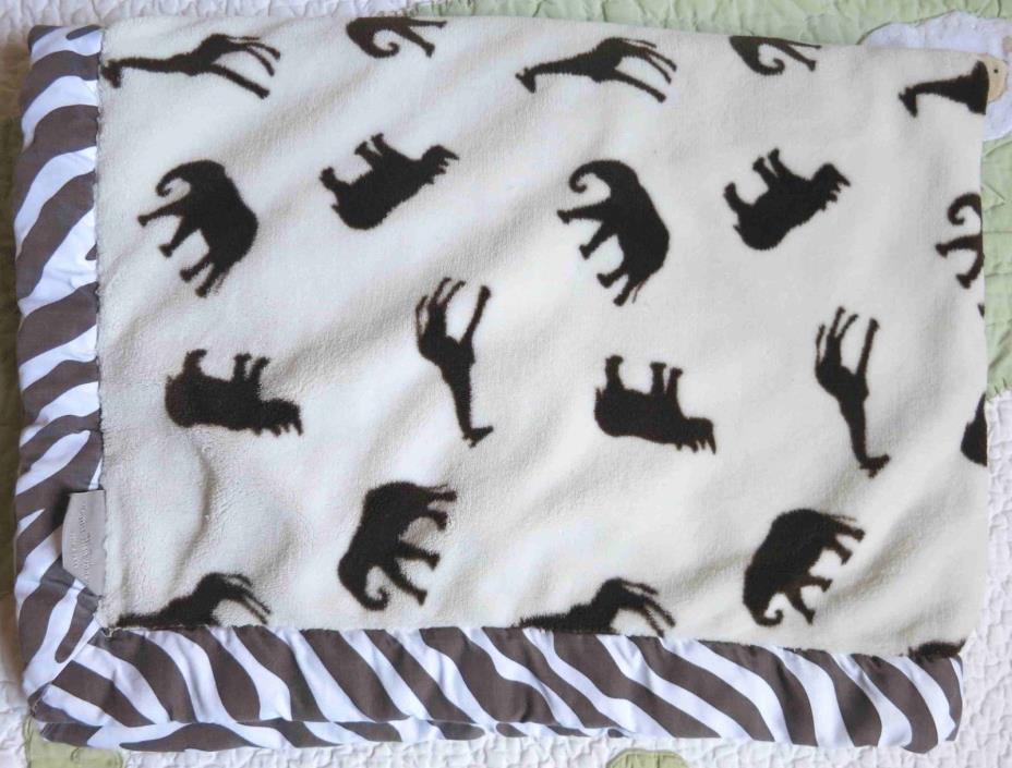 Wendy Bellissimo Cream Plush w Brown Jungle Animals & Zebra Edge Baby Blanket EU