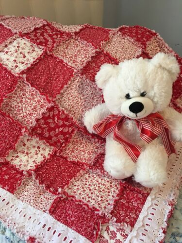 Shabby Chic Red & White Handmade Baby Quilt