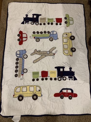 GUC Pottery Barn Backseat Driver Toddler Quilt Blanket Trains Trucks Cars Planes