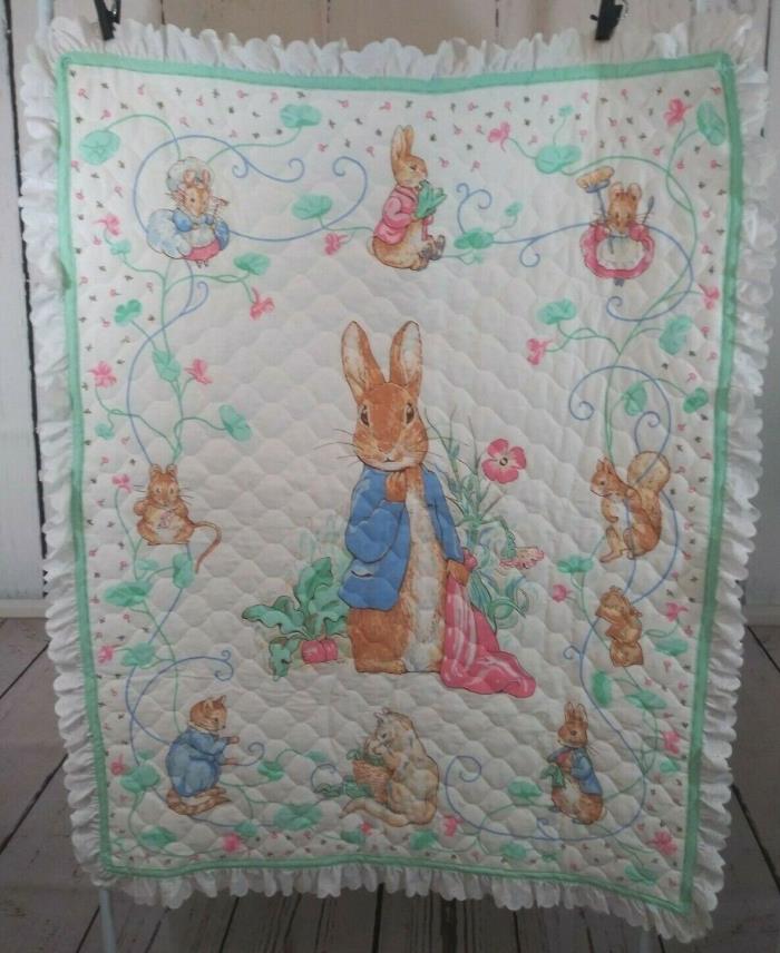 Beatrix Potter Quilted Crib Blanket with White Eyelet Trim Reversible 48