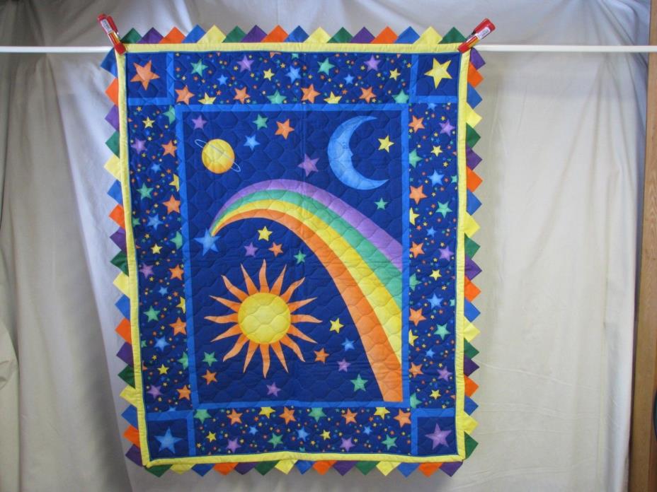 Handmade Baby or Toddler Quilt Planets Rainbow Sun Moom