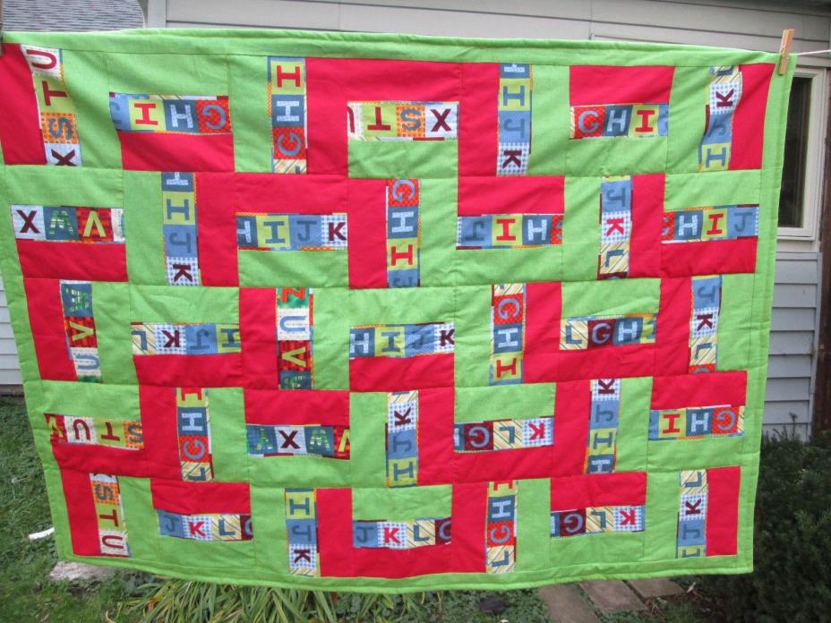 Alphabet Childs  QUILT  NEW 39 X 53 RED, BLUE, LIME GREEN