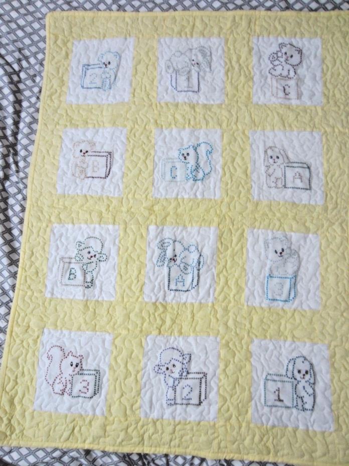 Handmade embroidered Baby Nursery Quilt-Yellow w/animals, blocks New 35x47 3/4