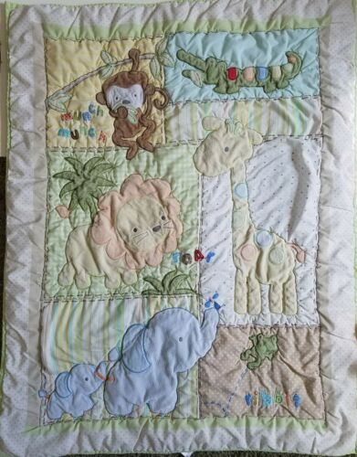 Child Of Mine Carters Pastel Jungle Safari Animals Green Crib Quilt Blanket Tan