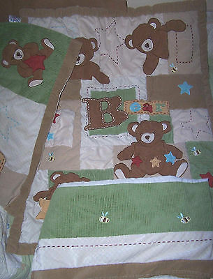3 pc Nojo Green Brown Corduroy BEAR BEES STARS Baby Boy Quilt Crib Skirt Valance
