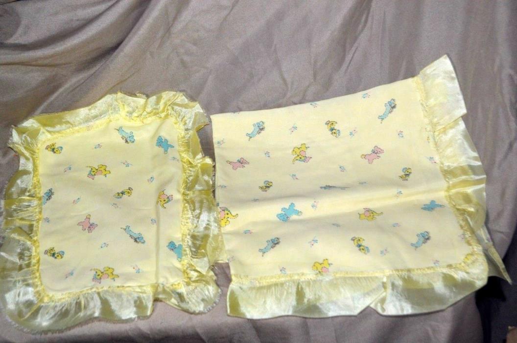 Vintage Yellow Ruffled Satin Coverlet With Pillowcase Elephants Dogs Ducks Teddy