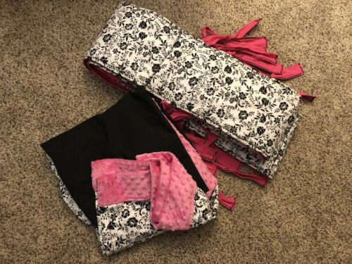 Hot Pink Black And White Damask And Minky Baby Girl Room 2 Piece Bumper & Skirt