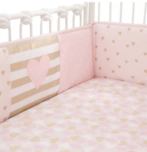 Lambs & Ivy Baby Love 4-Piece Crib Bumper  -  Pink, Gold, White, Love, Hearts,