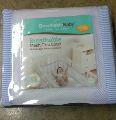 BreathableBaby Mesh Crib White w/Blue & Lite Blue Seersucker stripe edge NIP