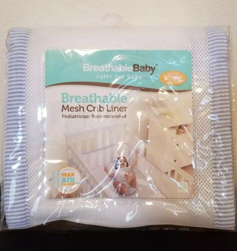 New Breathable Baby Mesh Crib Liner Bumper light blue white striped seersucker