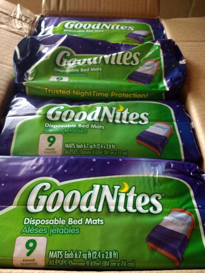 4 packs of 9 Goodnites disposable bed, crib mats Box- 36 total