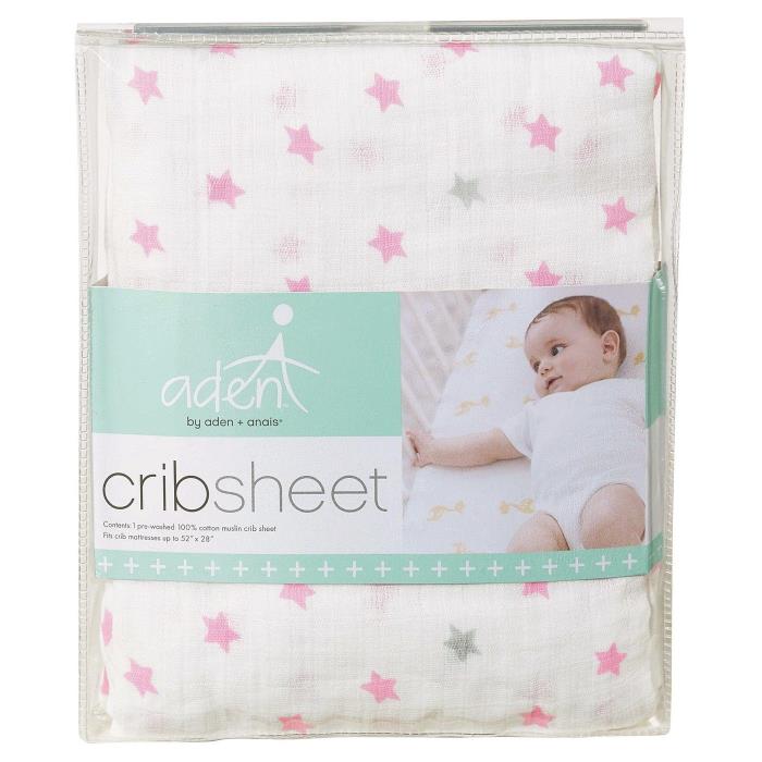 *NEW* Aden & Anais 100% Cotton Muslin Crib Sheet in *Darling* Pink & Grey Stars