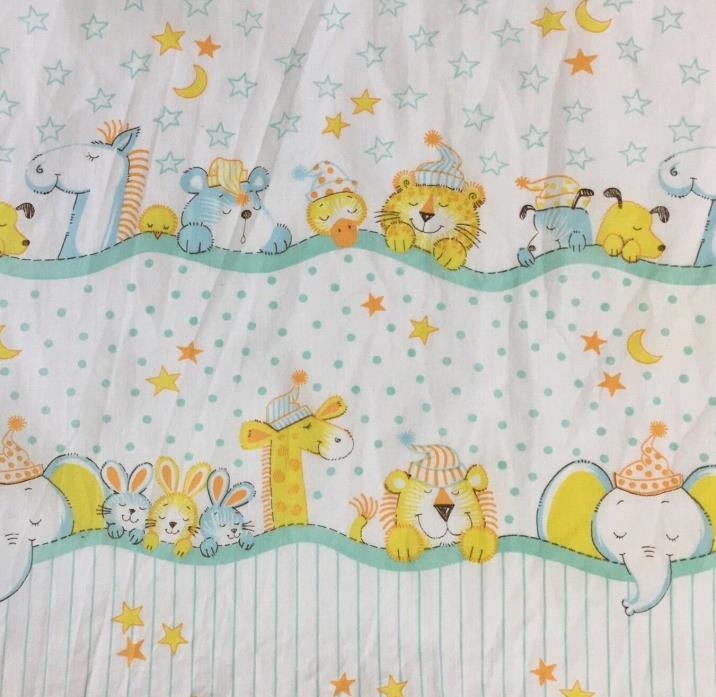 Vintage Baby Bedding Sleeping Animals Fitted Crib Sheet Aqua Yellow Moons Stars