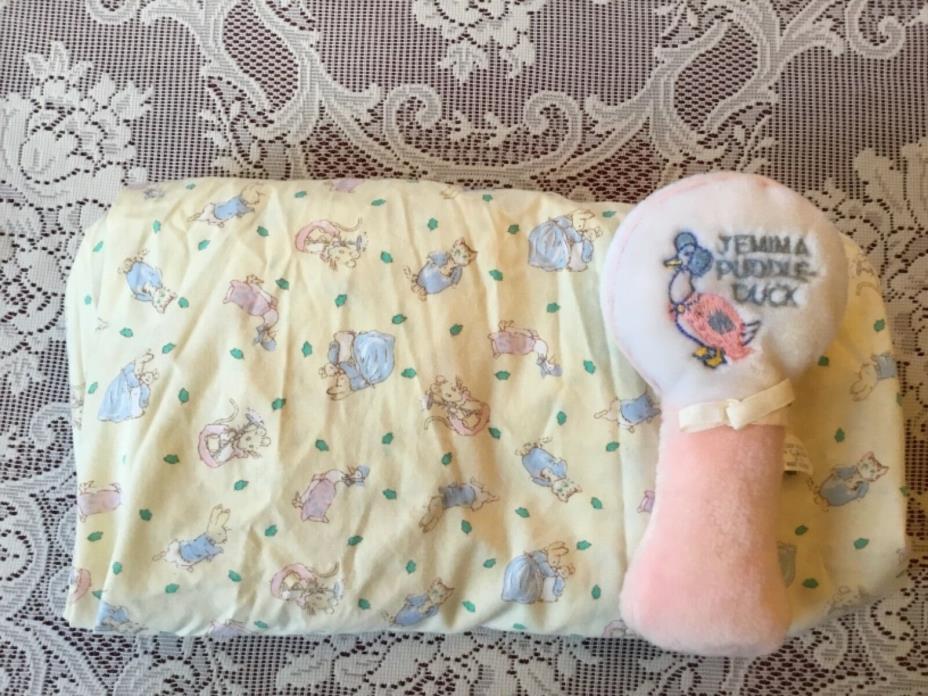 Fitted Beatrix Potter PETER RABBIT Yellow Crib Sheet EUC EDEN plush rattle