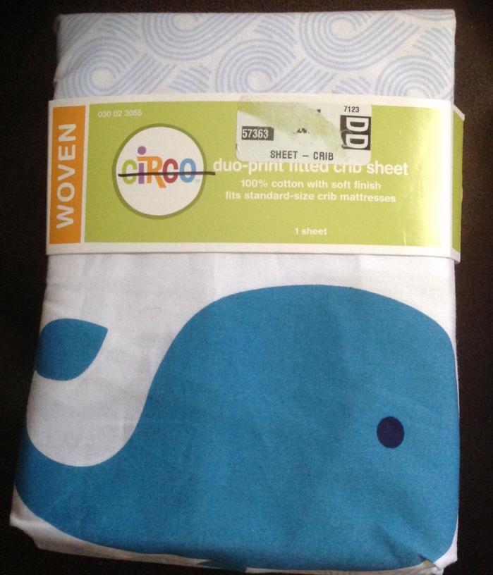 Circo Duo-Print Fitted Crib Sheet Whales Print NEW Cotton Baby Nursery Boy