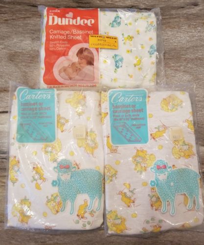 LOT Vtg Baby Nursery Bedding Bassinet Fitted Sheet Yellow Unisex Duck Bear Clown