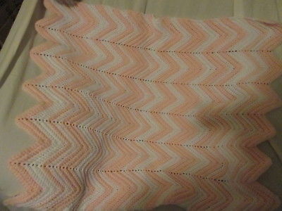 PEACHY PINK & WHITE CHEVRON CROCHETED BABY BLANKET HANDMADE