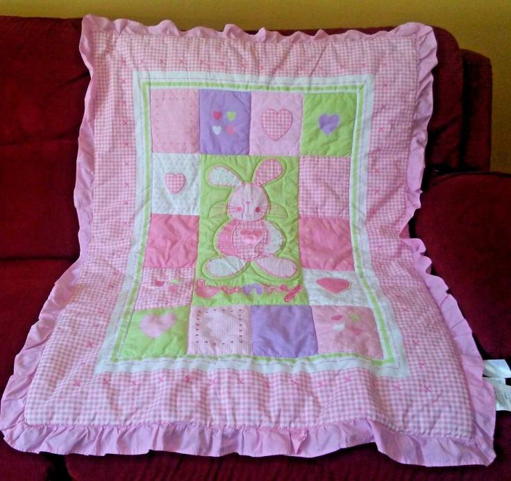 Small Wonders Pink Bunny Ruffled Crib Quilt Comforter Gingham Check & Hearts