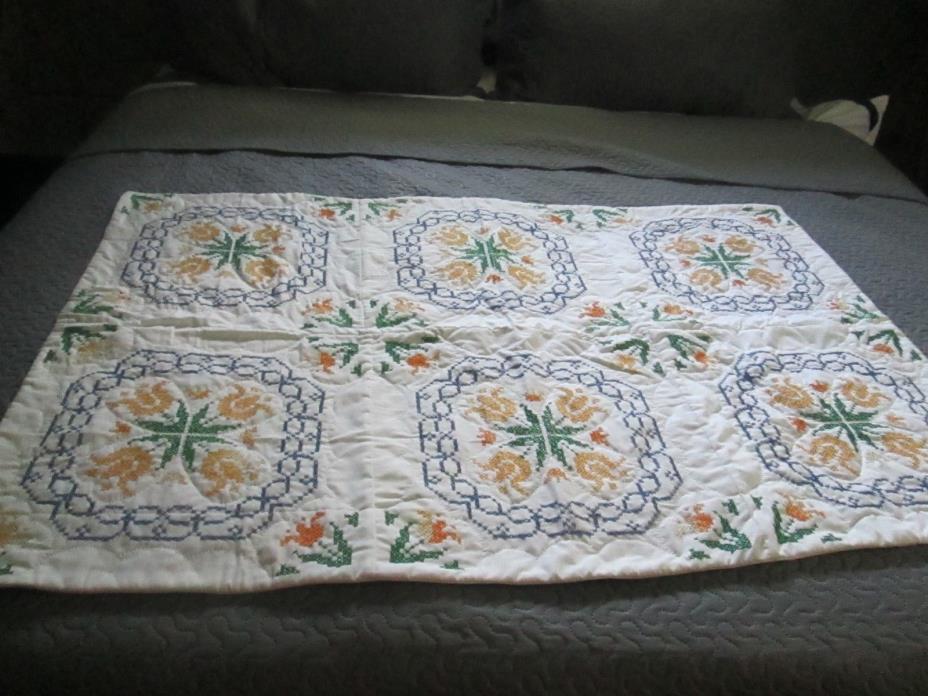 Vintage Embroidery Baby Quilt Tulip Yellow Cross Stitched