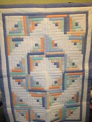 Blue Multi-Colored Handmade Patchwork Log Cabin Baby Quilt 38