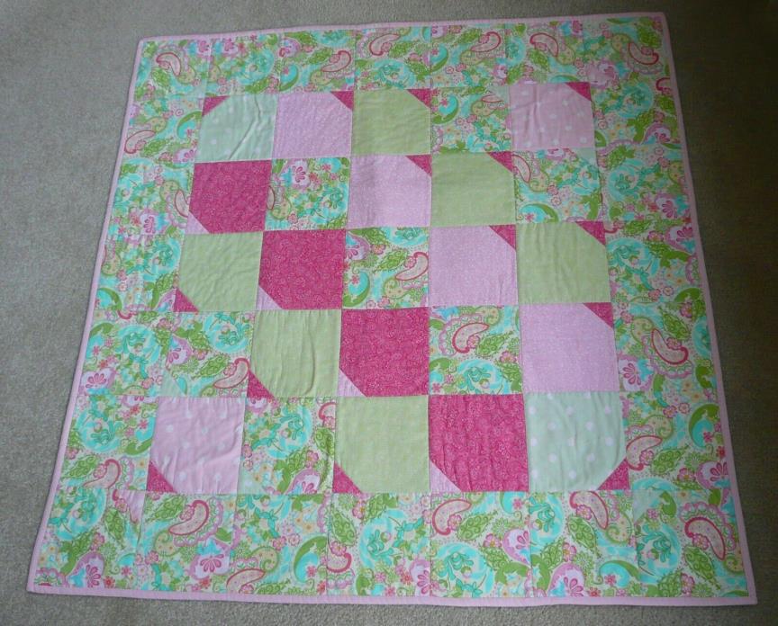 Pink paisley, green and turquoise baby girl quilt. Pink girl quilt. 40