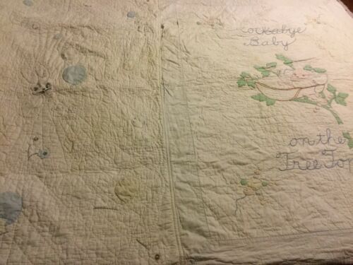 Vintage Old HAND EMBROIDERED Applique Child's  NURSERY QUILT - Rock a bye Baby