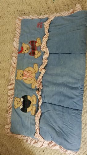 Nojo Crib quilt denim blue trim red white stripes with  teddy bears