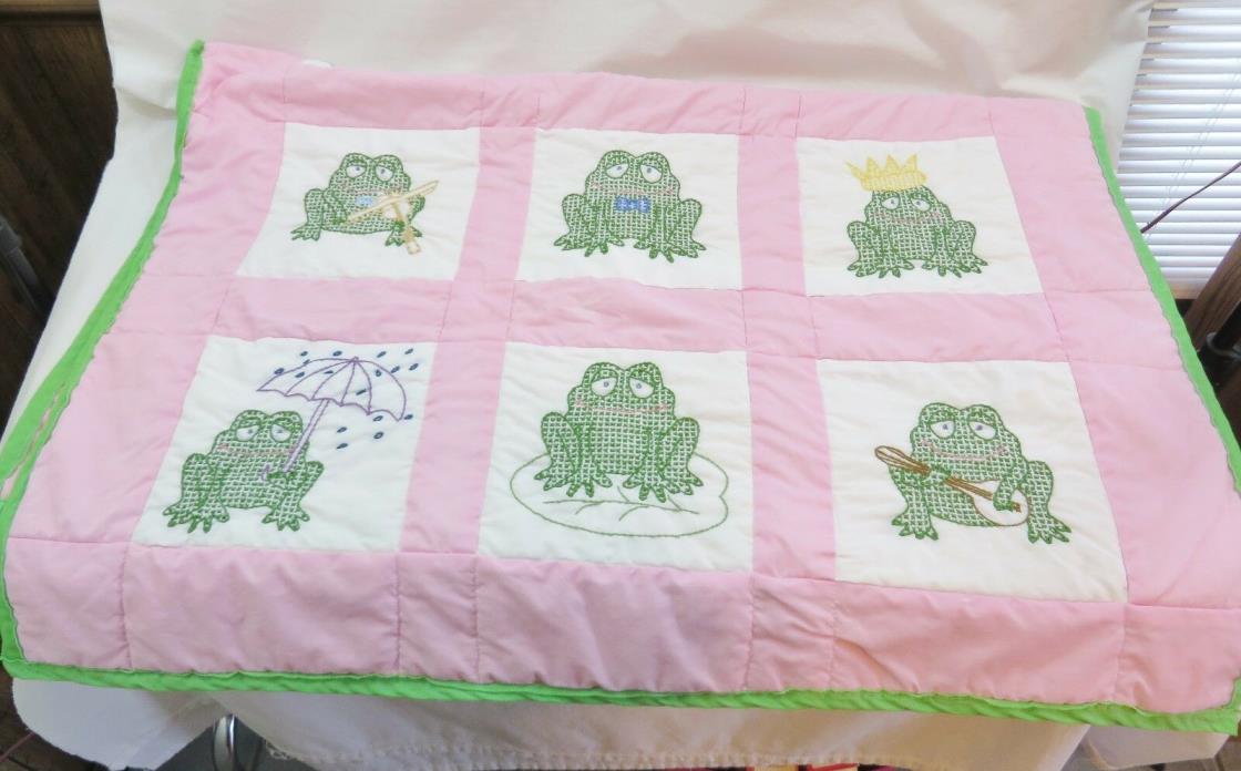 HANDMADE FROG QUILT BABY EMBROIDERED PINKS AND GREENS