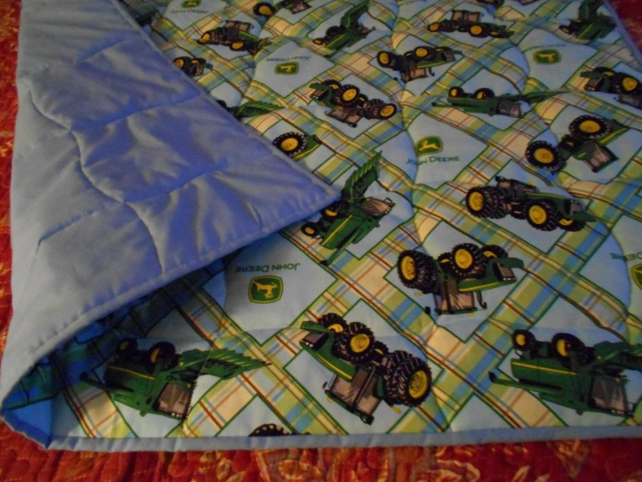 John Deere Plaid Blue Toddller Bed or Crib  Quilt Comforter  Blanket- Handmade
