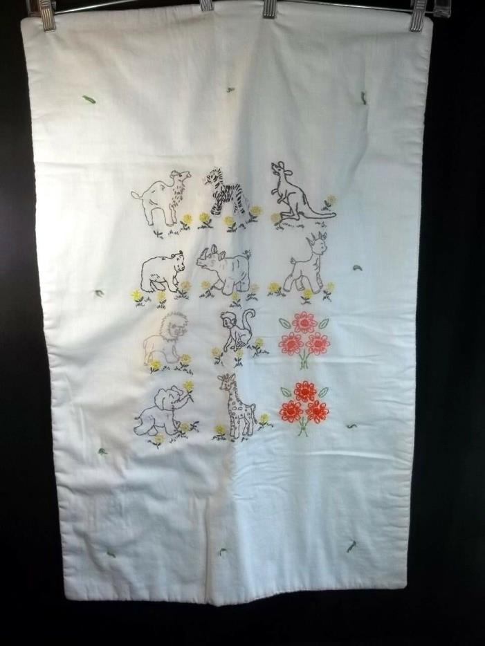 Handmade Embroidered baby Quilt Bassinet Animals White Yellow Backing