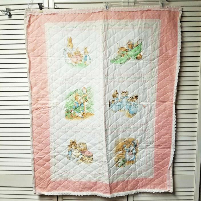 Pink Beatrix Potter Quilted Baby Crib Blanket Lace Trim 45