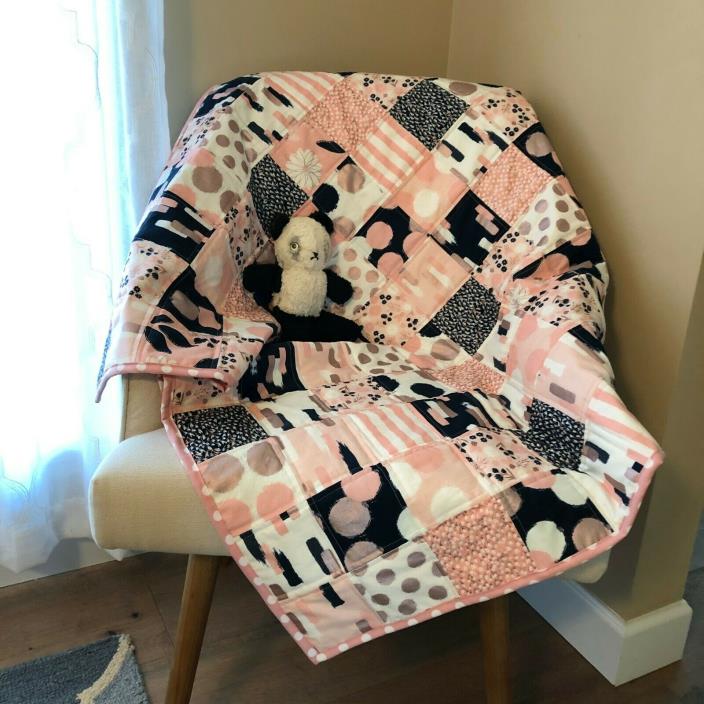 Handmade Baby Quilt Pink, Rose Gold and Navy