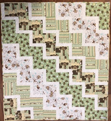 Monkey Quilt 46”x52”in cotton unisex embroidered quilt long arm new handmade