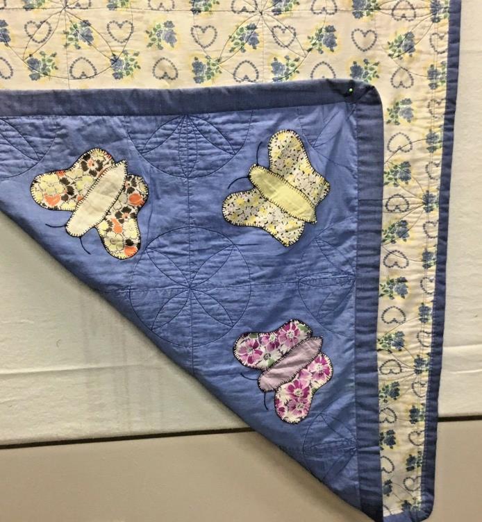 Vintage Quilt~Feedsack~Hand Applique~Butterflies~Toddler Bed~NOT cutter~55 x 34