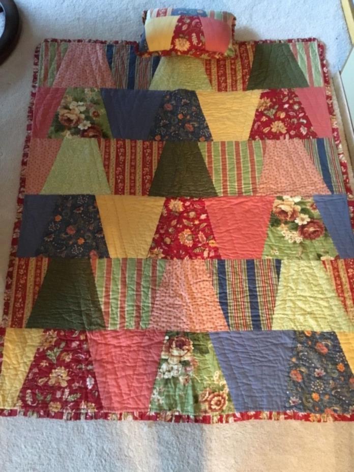 Patchwork Quilt Hand Stitched Lap Quilt and Matching Pillow 62” x 50”