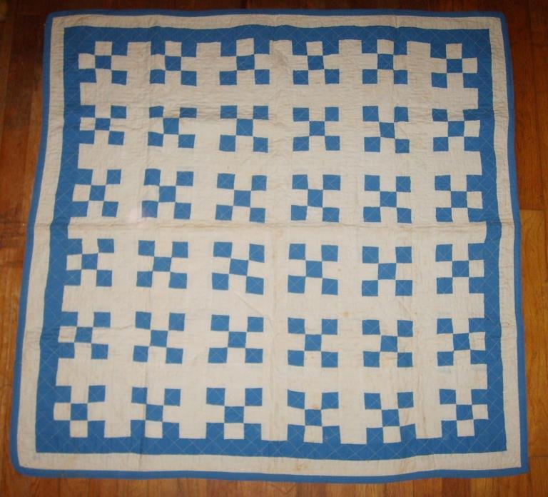 Antique Baby Blanket, Hand Made Quilted, Blue and White, Cotton 1940's