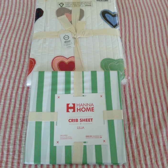Hanna Andersso Crib Quilt Hearts A Flutter & Crib Sheet Seed Green NWT