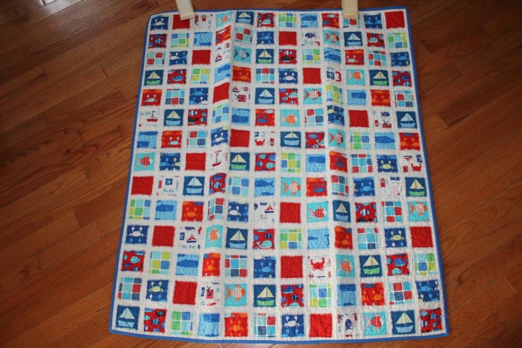 Hand-Made Baby Quilt / Crib Quilt - Boats, Crabs, Fish, Whales - Nautical