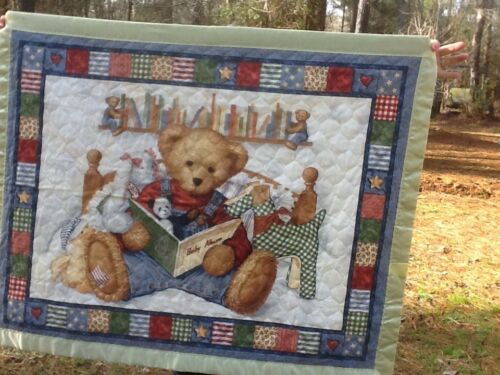 Adorable Handmade BLUE JEAN TEDDY Baby Album Infant Quilt with Yellow Silk Trim