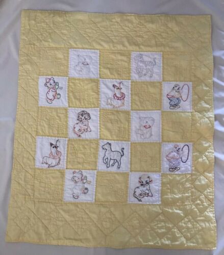 Vintage Yellow Baby Quilt  Hand Quilted Hand Embroidered Blanket Circus ANIMALS