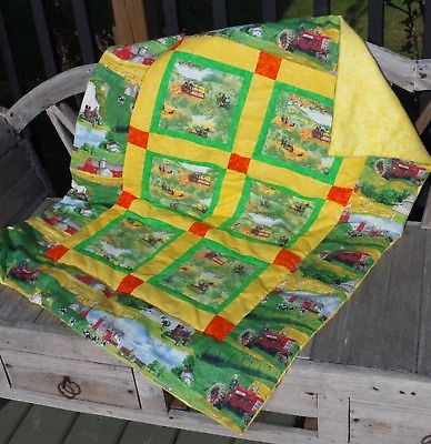 Handmade Patchwork Old Farm Tractor Green Field Baby Quilt Cotton Blanket